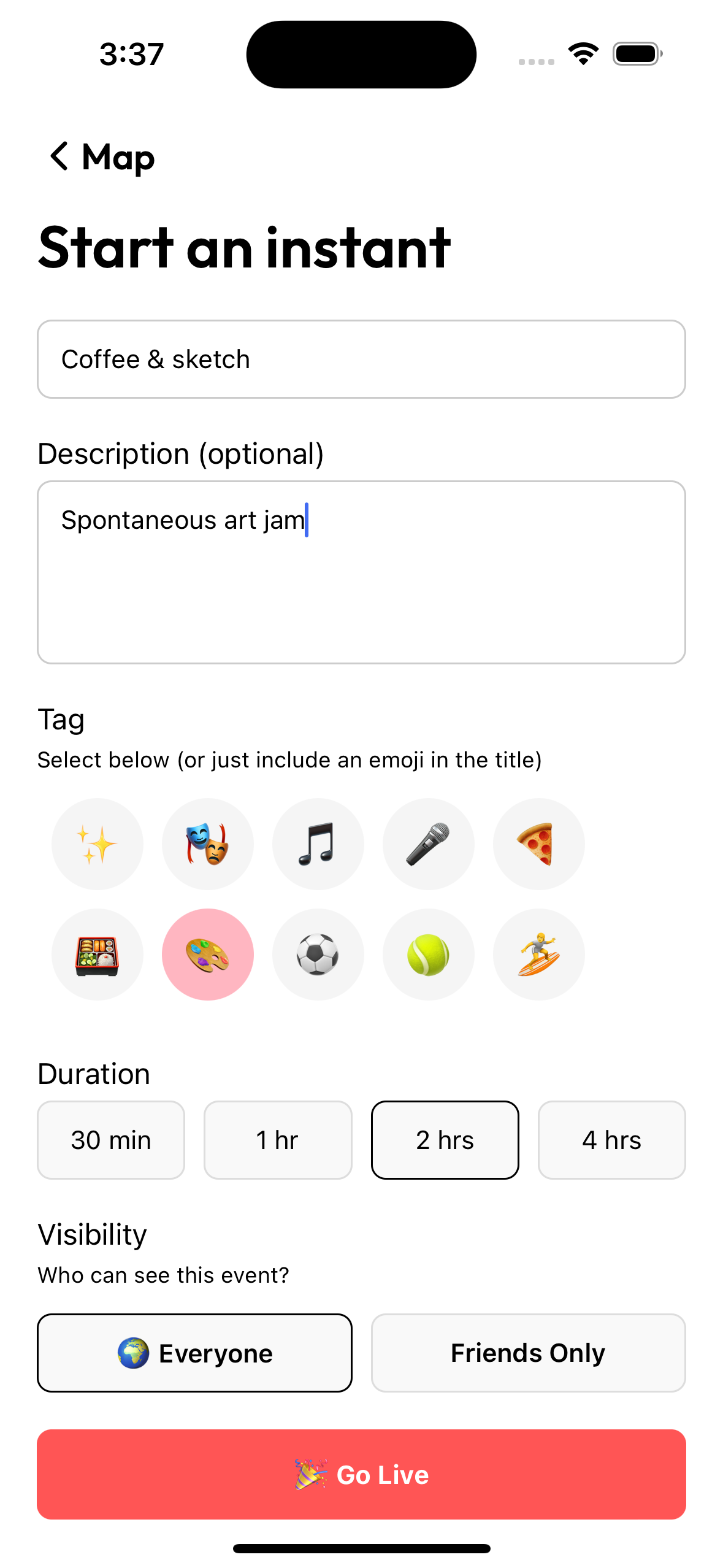 Instant app event creation screen